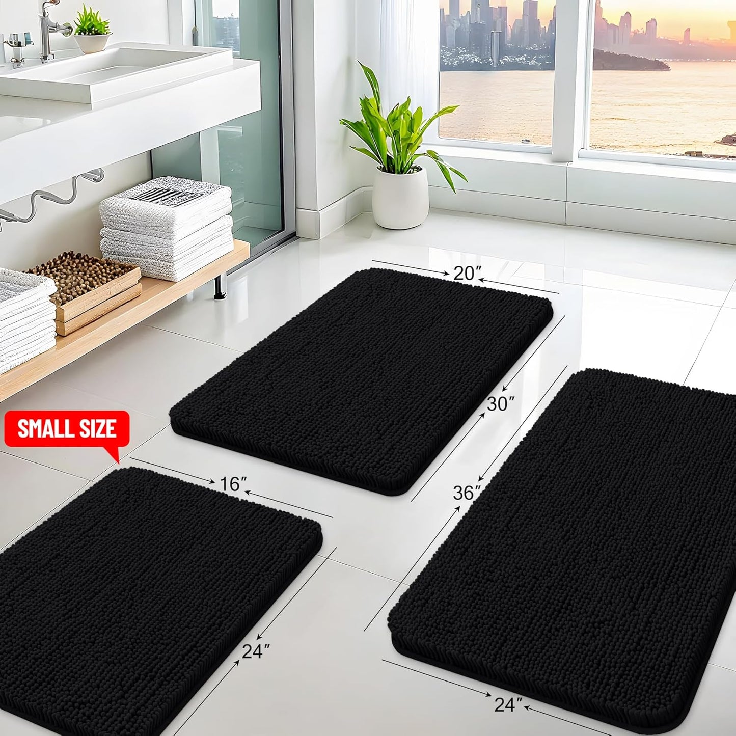 Arotive Bathroom Rugs 24x16, Extra Soft Absorbent Shaggy Chenille Bath Rugs, Machine Washable Rubber Backing Non-Slip Bath Mats for Bathroom Floor Tub and Shower, Home Decor Accessories, Black