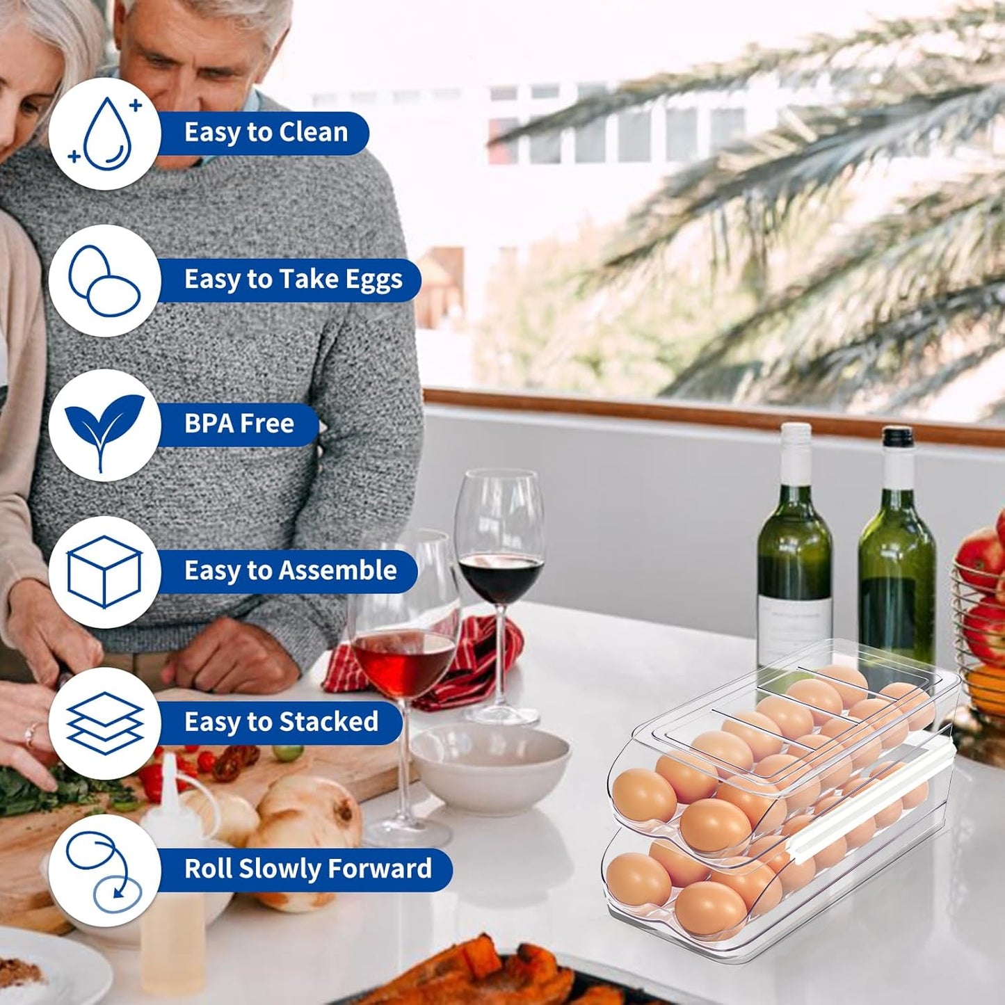 Egg Holder for Fridge, Automatic Rolling Egg Organizer for Refrigerator, Clear Plastic Egg Container & Tray, Stackable Dispenser and Storage Bin with Sturdy Lid to Saving Space -3 Layer