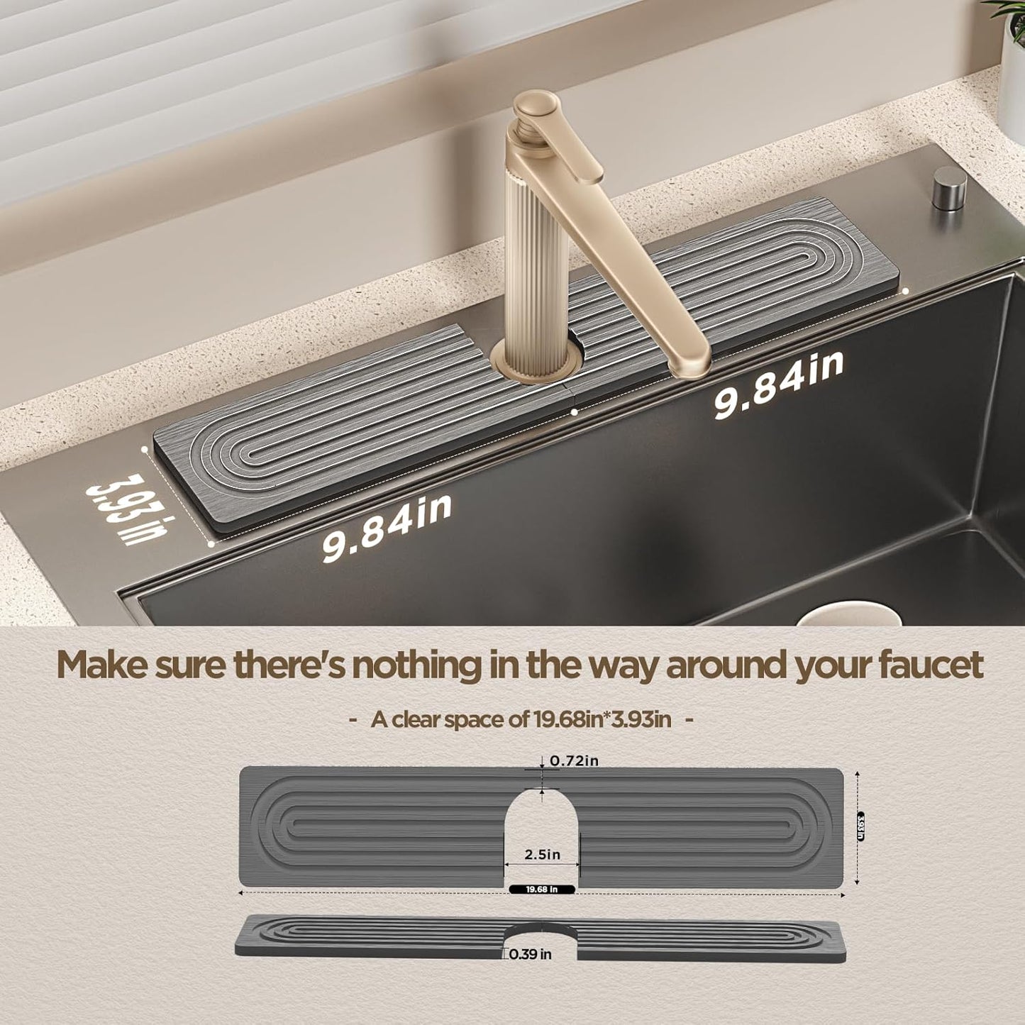 Faucet Mat for Kitchen Sink, Diatomite Stone Drying Sink Protectors, Bathroom Faucet Splash Guard, Quick Dry Water Absorbing, Non-Slip Stone Tray for Kitchen Counter, Grey, 20" x 3.9"