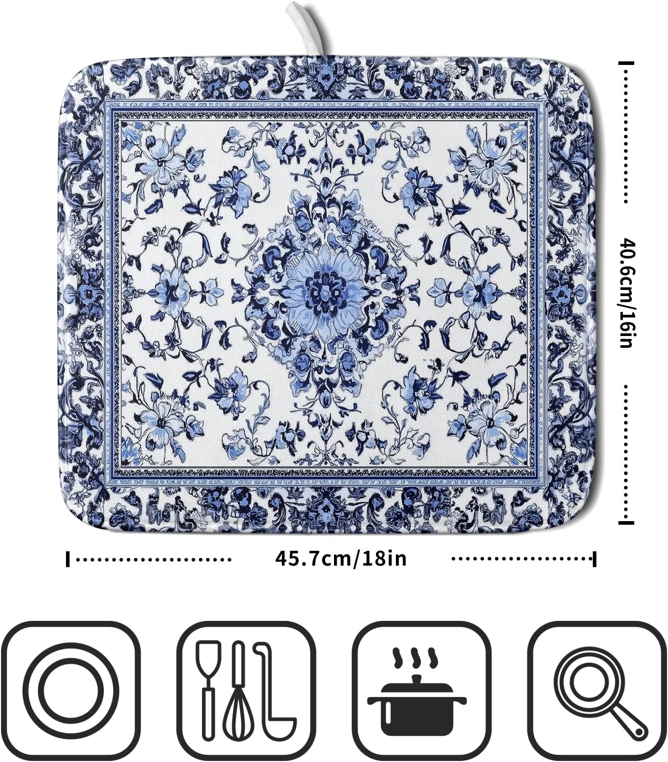 Boho Floral Dish Drying Mat 16x18 Inch Blue Leaves Kitchen Drying Pad Reversible Absorbent Dish Drainer Rack Mats Counter Tableware Decor