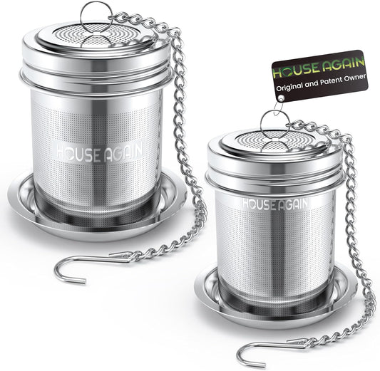 House Again Tea Infuser (2 Pack, Large + Small), Extra Fine Mesh Tea Strainers for Loose Tea, 18/8 Stainless Steel Tea Strainer with Extended Chain Hook, Tea Steeper