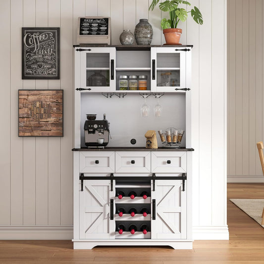 Coffee Bar Cabinet with Sliding Barn Doors 71'' Farmhouse Pantry Cabinet with Drawers & Wine Glass Rack Rustic Buffet Cabinet for Kitchen, White and Black