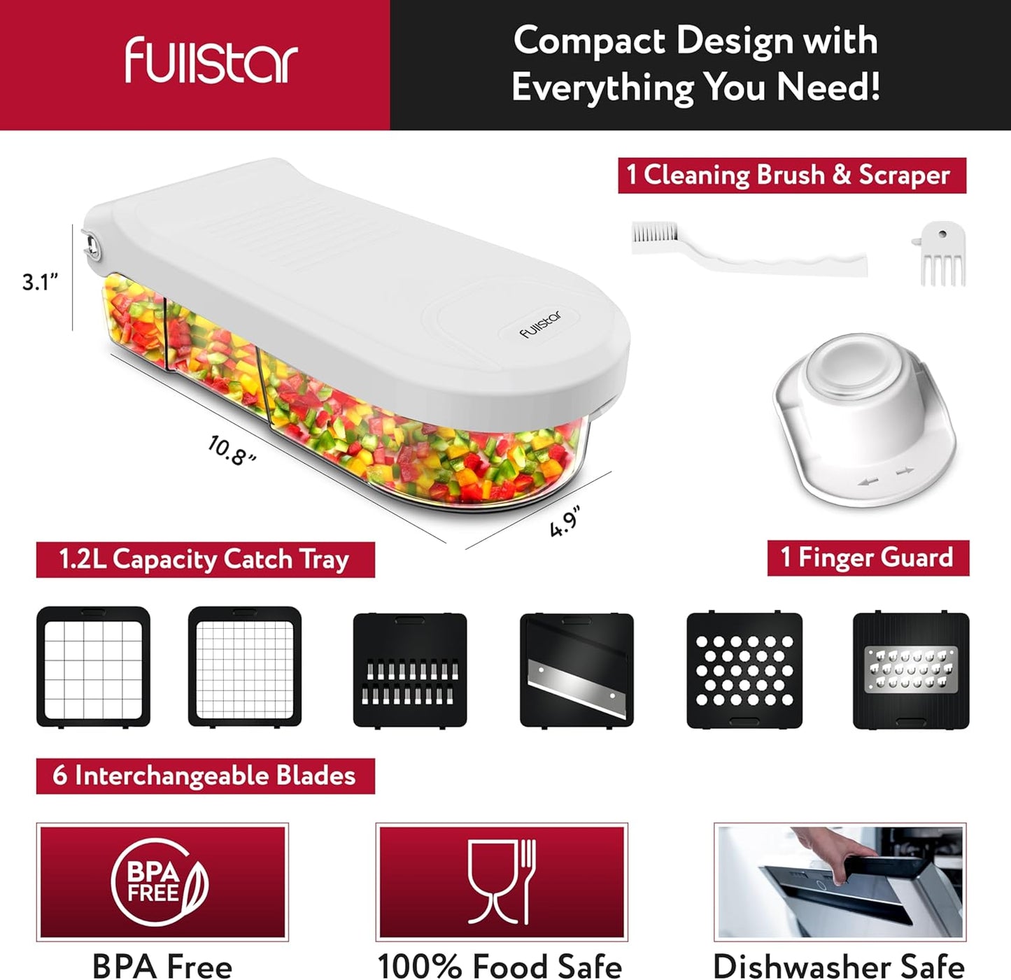 Fullstar Mandoline Slicer for Kitchen - Vegetable Chopper, Onion Potato Food Veggie Fruit Slicer and Cutter with Container, Kitchen Gadgets & Accessories, Home Essentials (6-in-1, Full White)