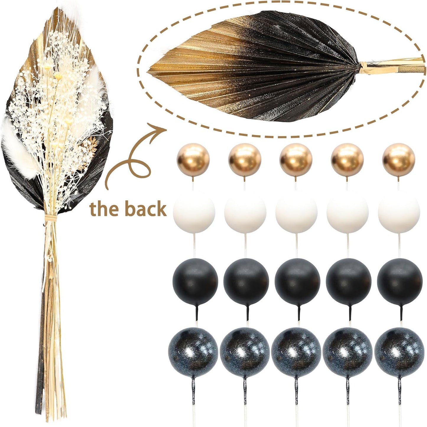 Gyufise 21 Pack Flower Boho Cake Topper Ball Cake Decorations Palm Leaves Plants Cake Decor for Girl Bohemian Princess Theme Wedding Baby Shower Birthday Party Supplies Black Gold