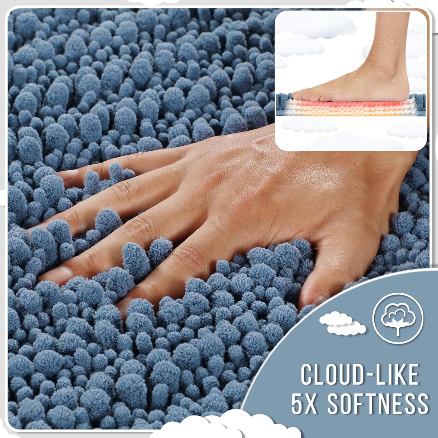 Yimobra Bathroom Rugs Non Slip Washable 32x20 Inch - Ultra Soft Absorbent Chenille Bath Mat, Quick Dry Shaggy Floor Carpet for Tub Shower, Denim Blue Home Decor Accessories