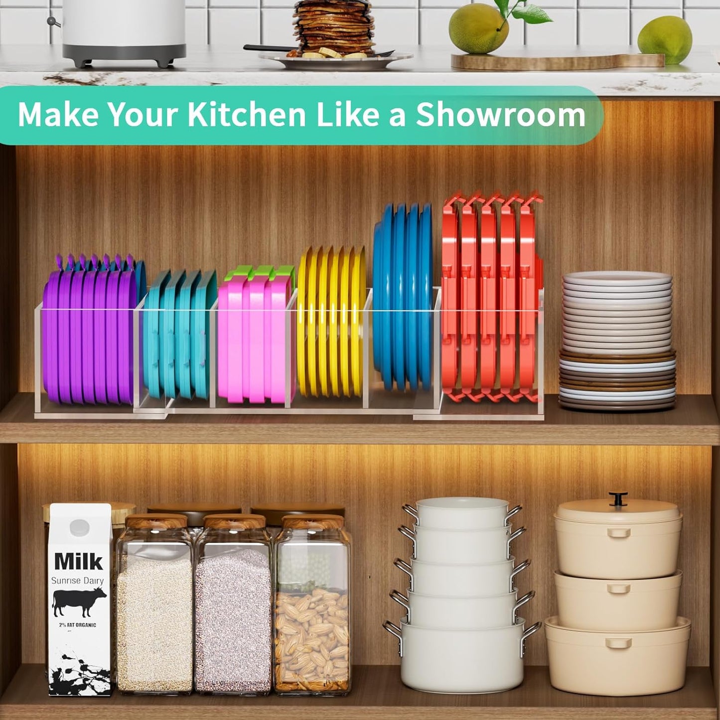 Expandable Lid Storage Organizer: Kitchen Food Container Lids Organizer for Cabinet - Acrylic Extra Large 10-18" Food Storage Container Holder for Cabinets Cupboards Pantry Drawer