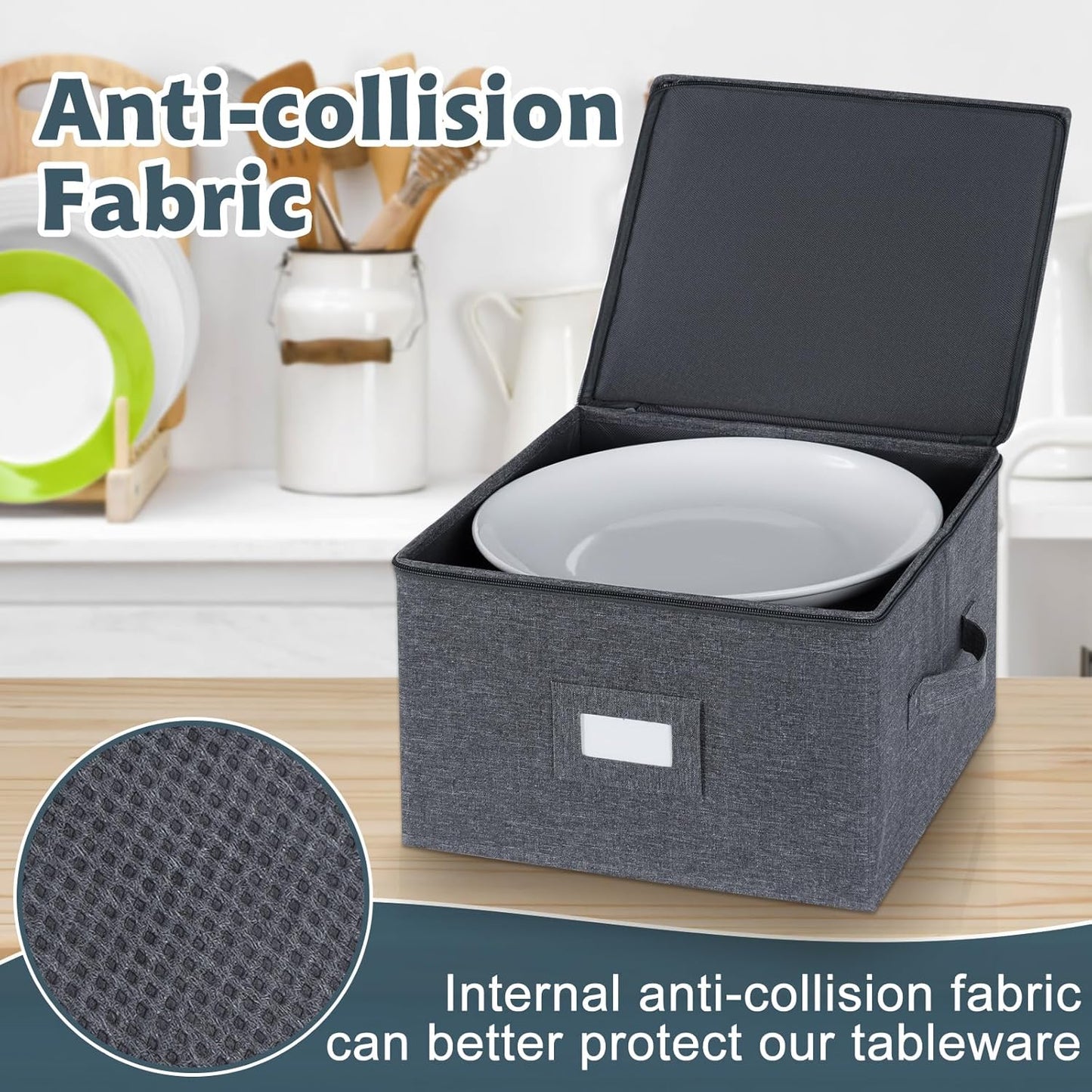 popoly China Storage Containers Hard Shell Inside 12" W x 8" H, Dinner Plate Storage Containers for Dishes, Dinnerware with 24 Felt Dividers, Hold 24 Plates, Stackable (2 Pack Grey)