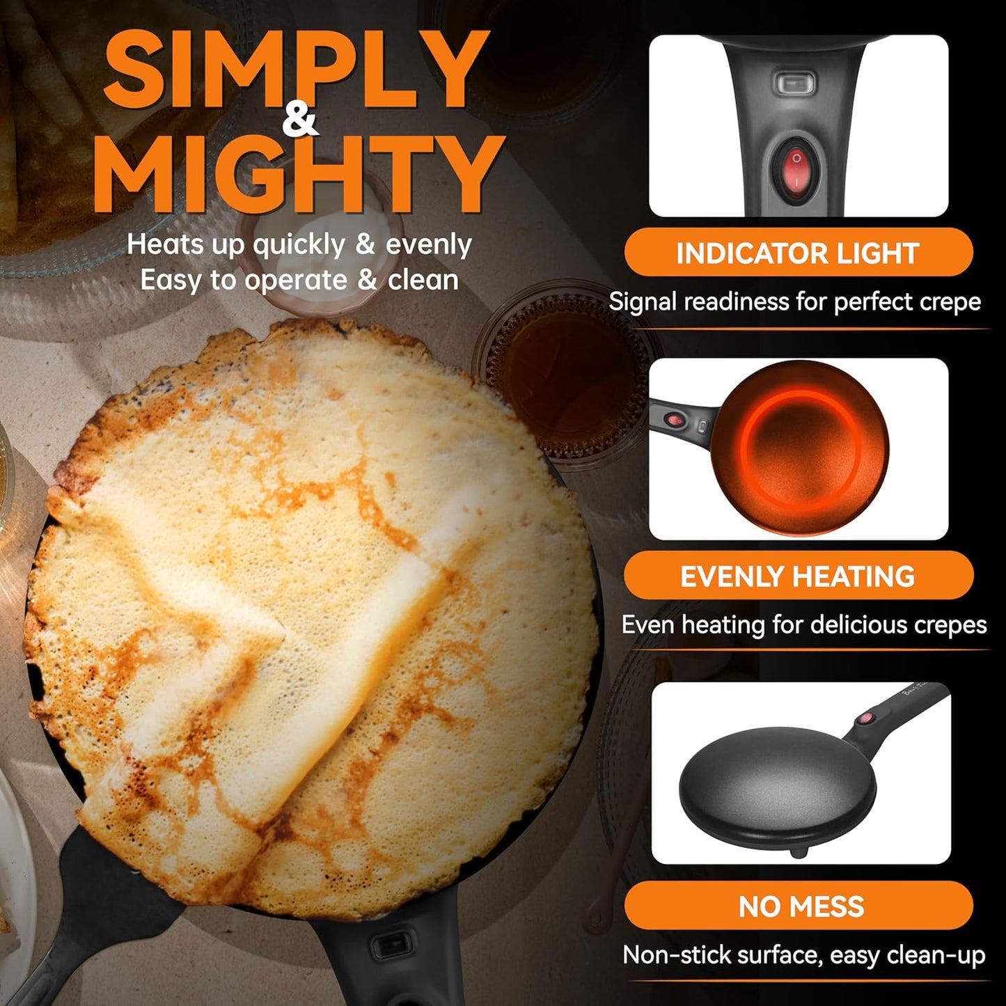 Baker's Friend Crepe Maker Machine with Auto Power Off, Portable Crepe Maker with Non Stick Dipping Plate, Automatic Temperature Control, Graphite