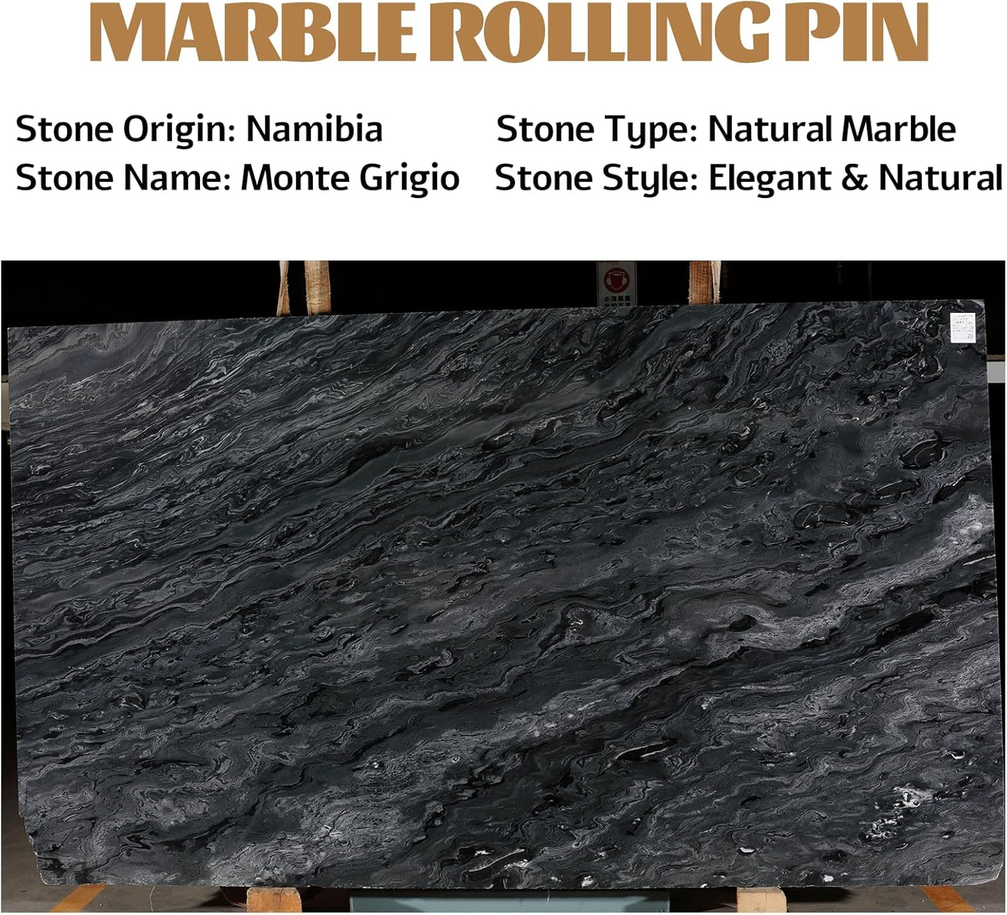 Koville African Natural Grey Marble French Rolling Pin, 12inch Non-Stick Rolling Pin for Baking, Dough Roller for Pasta, Dumpling, Fondant, Pie, Bread, Pizza, Kitchen Baking Tools