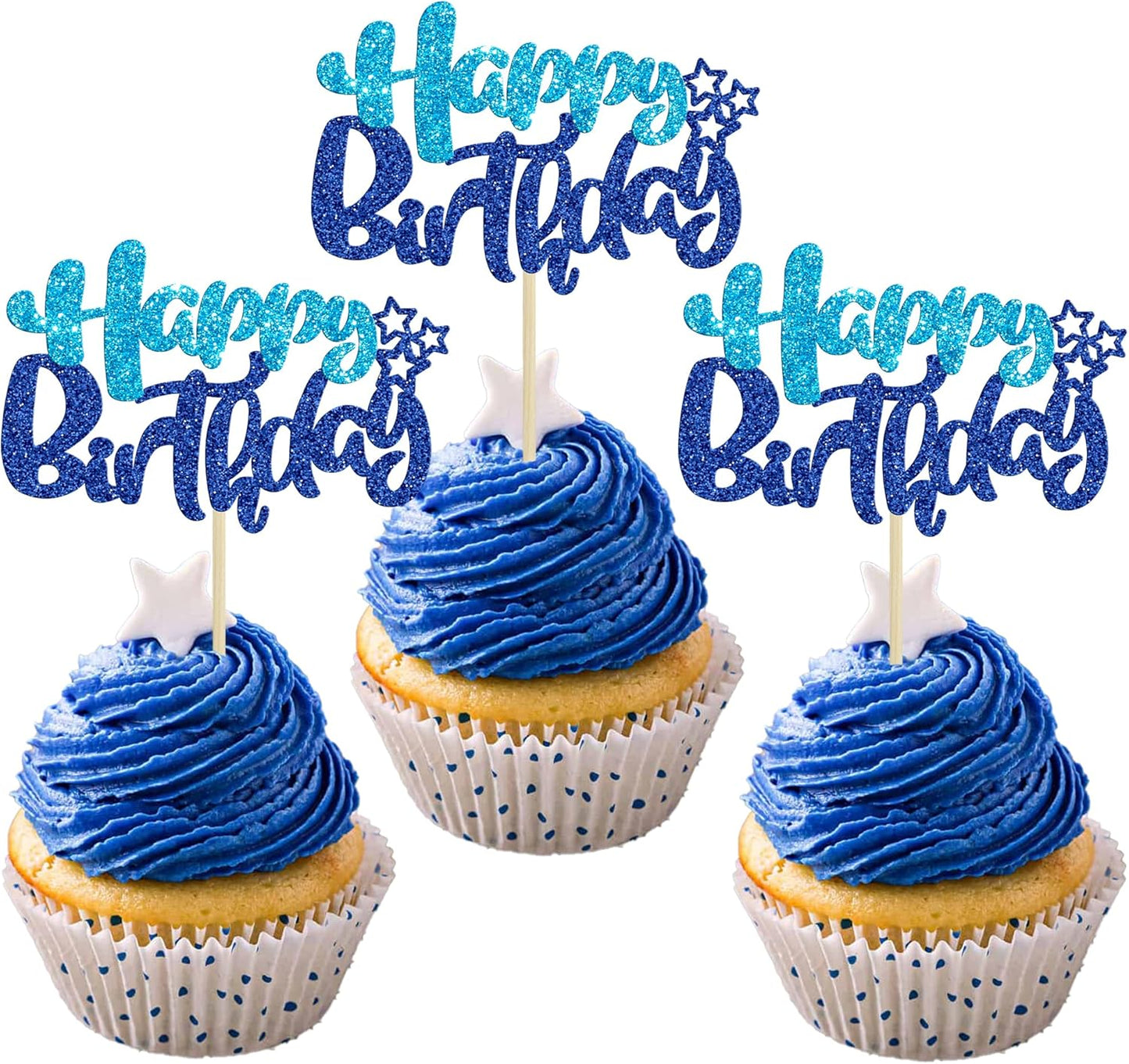 Ephlyn 24Pcs Happy Birthday Cupcake Toppers Double Layer Glitter Happy Birthday Cake Decorations for Baby Shower Theme Kids Boys Girls Birthday Anniversary Party Decorations Supplies Blue