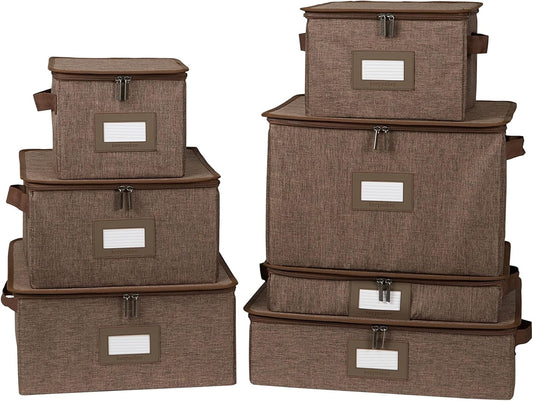 Covermates Keepsakes Dish Storage Box - Stackable, Reinforced Handles, China Storage, Brown Heather