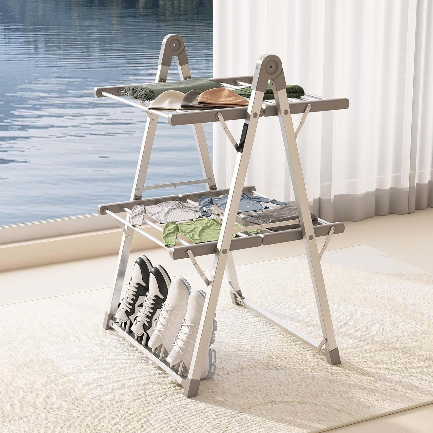 Electric Heated Clothes Drying Rack,Foldable Heated Garment Dryer with Timer Shut-Off Laundry Rack for Clothes Shoes Socks,Aluminum Alloy,Silvery Gray,Plug & Play,(39.37x25.98x23.82in)