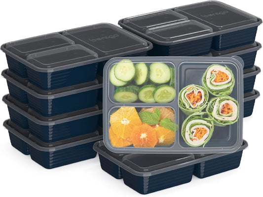 Bentgo Prep - 20-Piece 3-Compartment Reusable Meal Prep Containers with Lids, PFAS & BPA Free Materials, Durable, Microwave, Freezer, & Dishwasher Safe To Go Food Storage (Navy Blue)