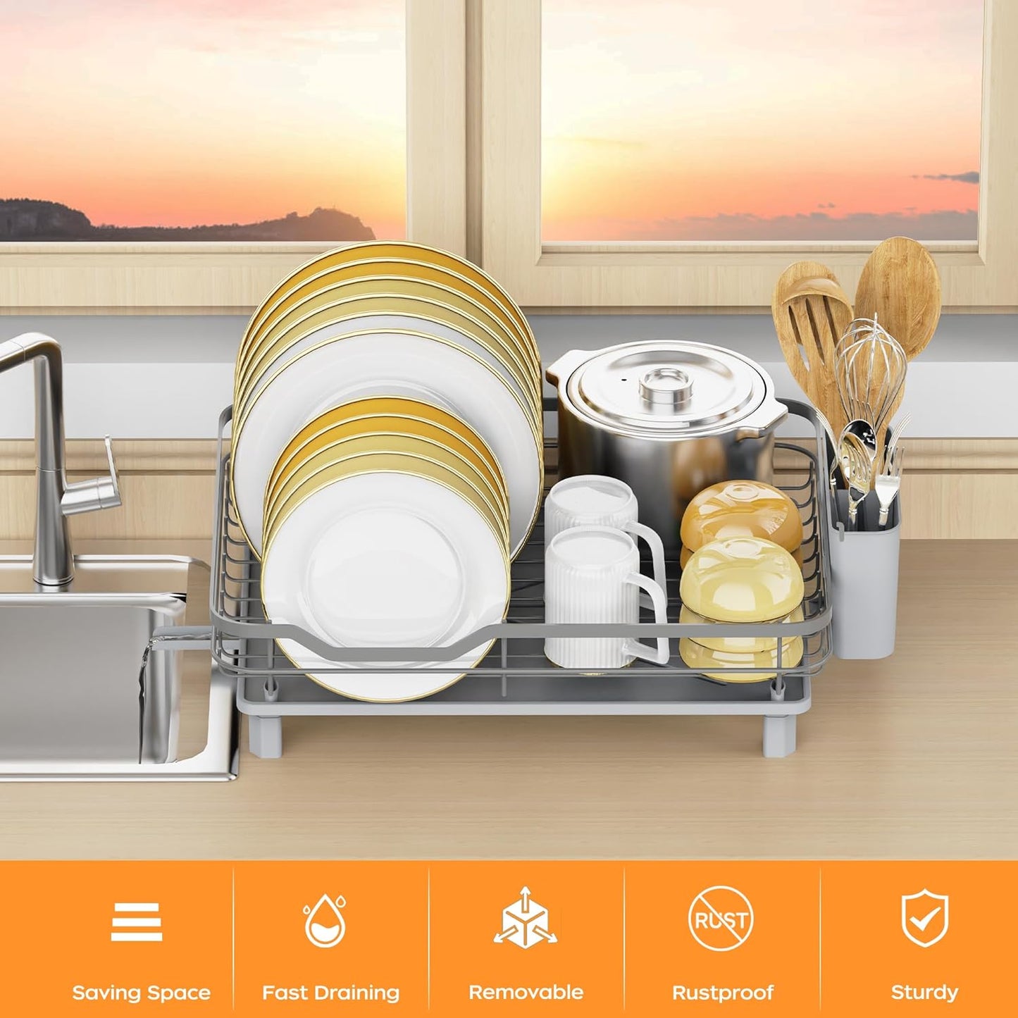 Dish Drying Rack, Stainless Steel Rustproof Dish Rack for Kitchen Counter, Sturdy Dish Drainer with Drainboard, Drainage, Utensil Holder for Various Kitchenware, 16.2"(L) x 12.6"(W), Grey