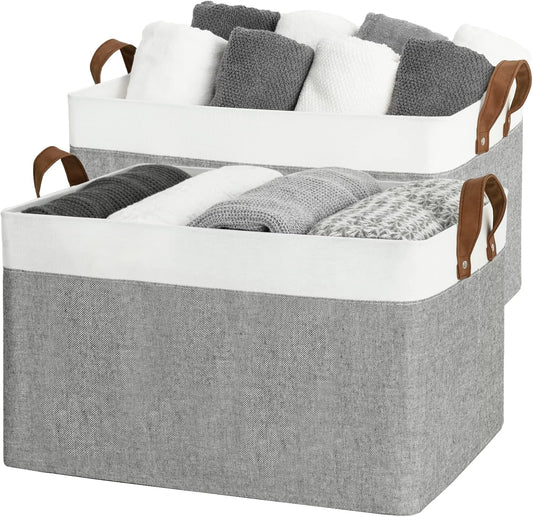 StorageWorks 45L Large Storage Bins for Closet and Shelves, Fabric Organizer Baskets with Metal Frame for Clothes, Towels, Collapsible Storage Basket, Gray and White, 2-Pack