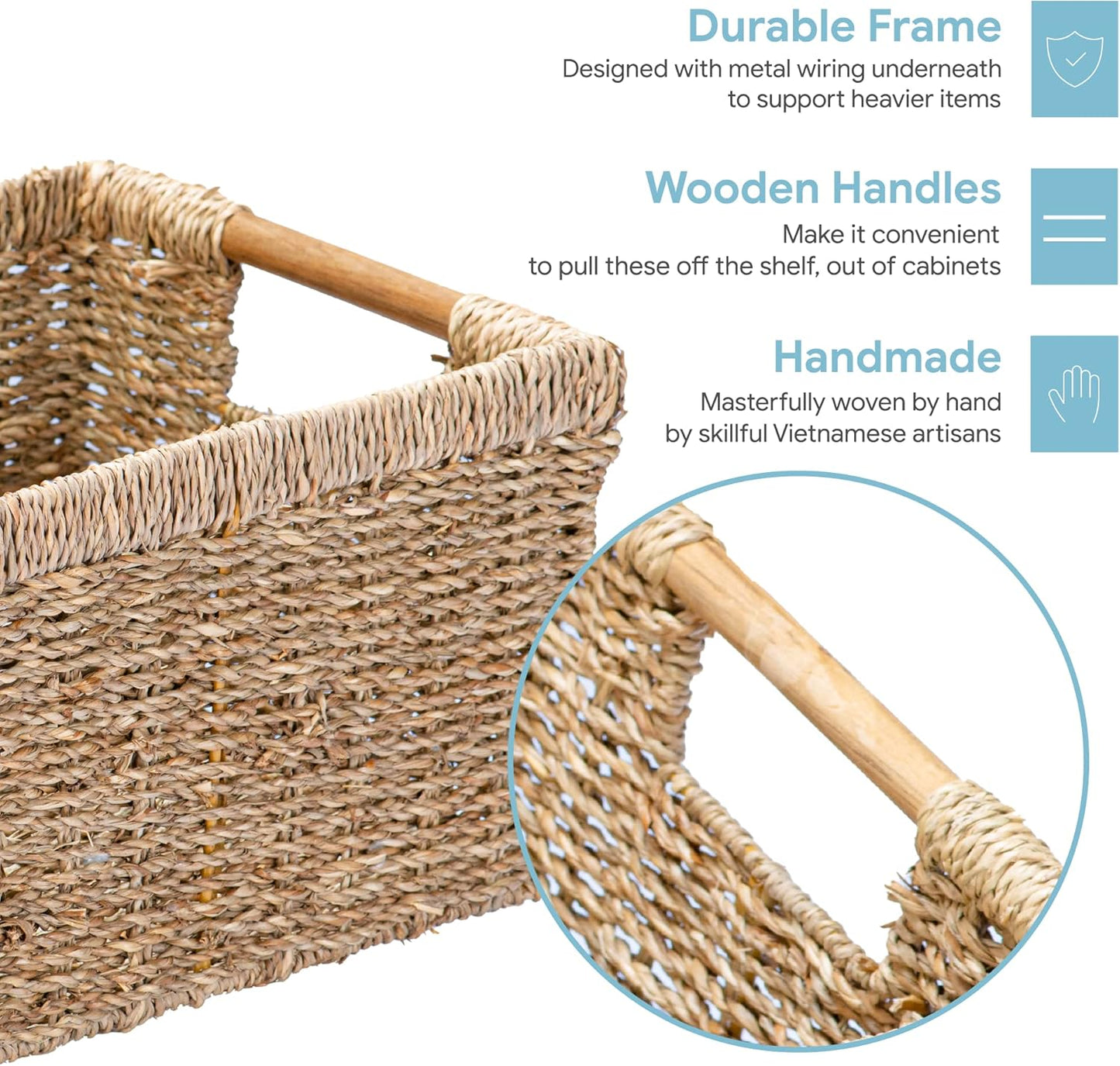 Natural Seagrass Basket with Wooden Handle, Medium Rectuangular Wicker Basket for Living Room 12.2 x 8.9 x 6.7 inches - 3 Pack
