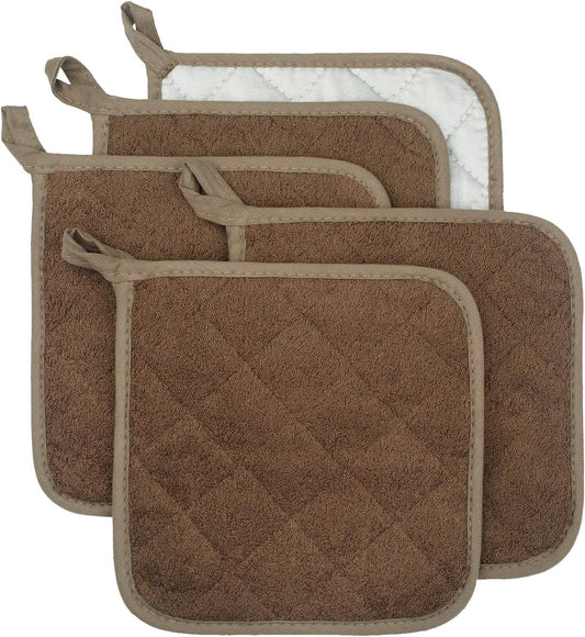 100% Cotton Kitchen Everyday Basic Terry Pot Holder Heat Resistant Coaster Potholder for Cooking and Baking Set of 5 Brown