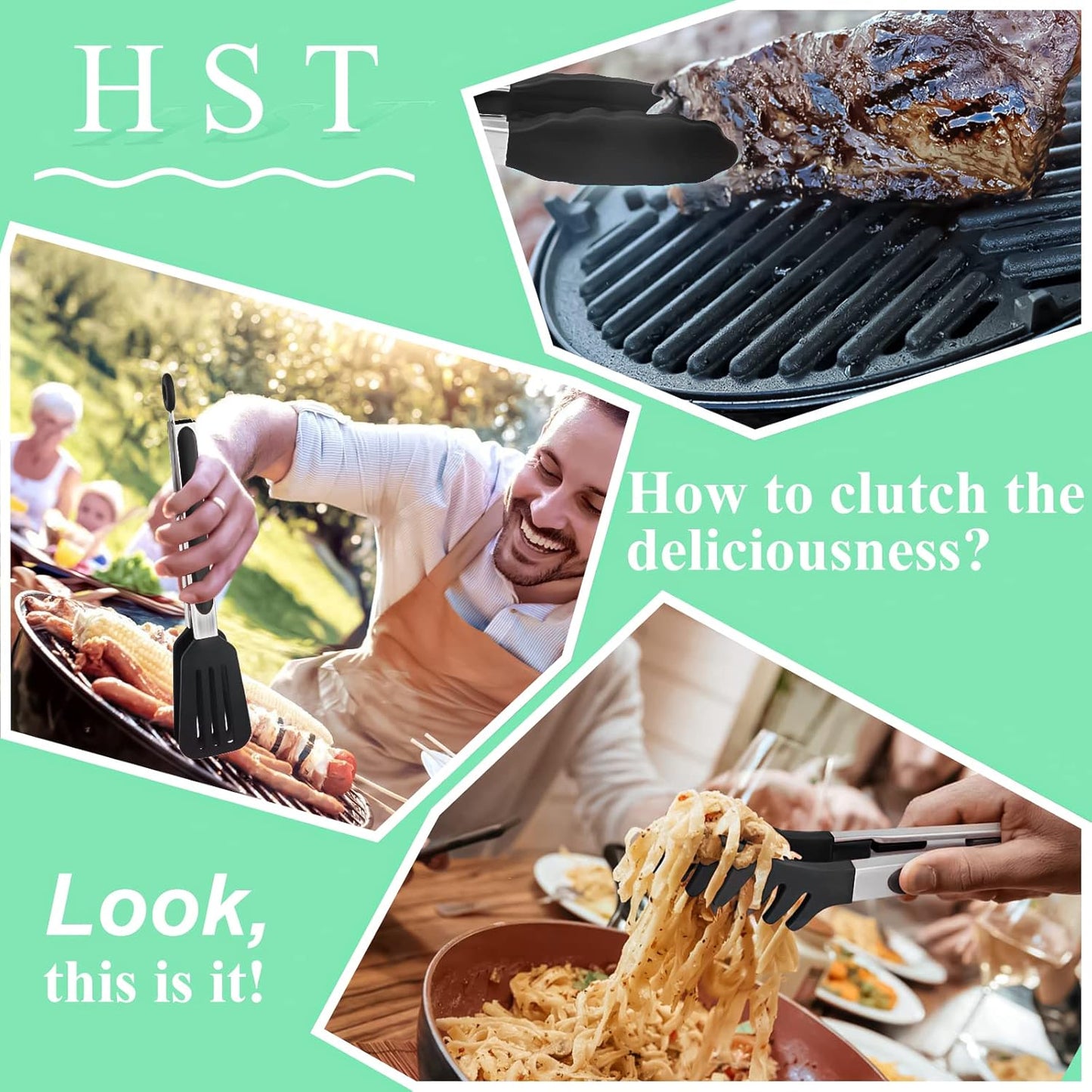 HST Tongs for Cooking with Silicone Tips(3 Pack), Non Stick Kitchen Tongs with Silicone Tip for Cooking BBQ Baking (9", Black)