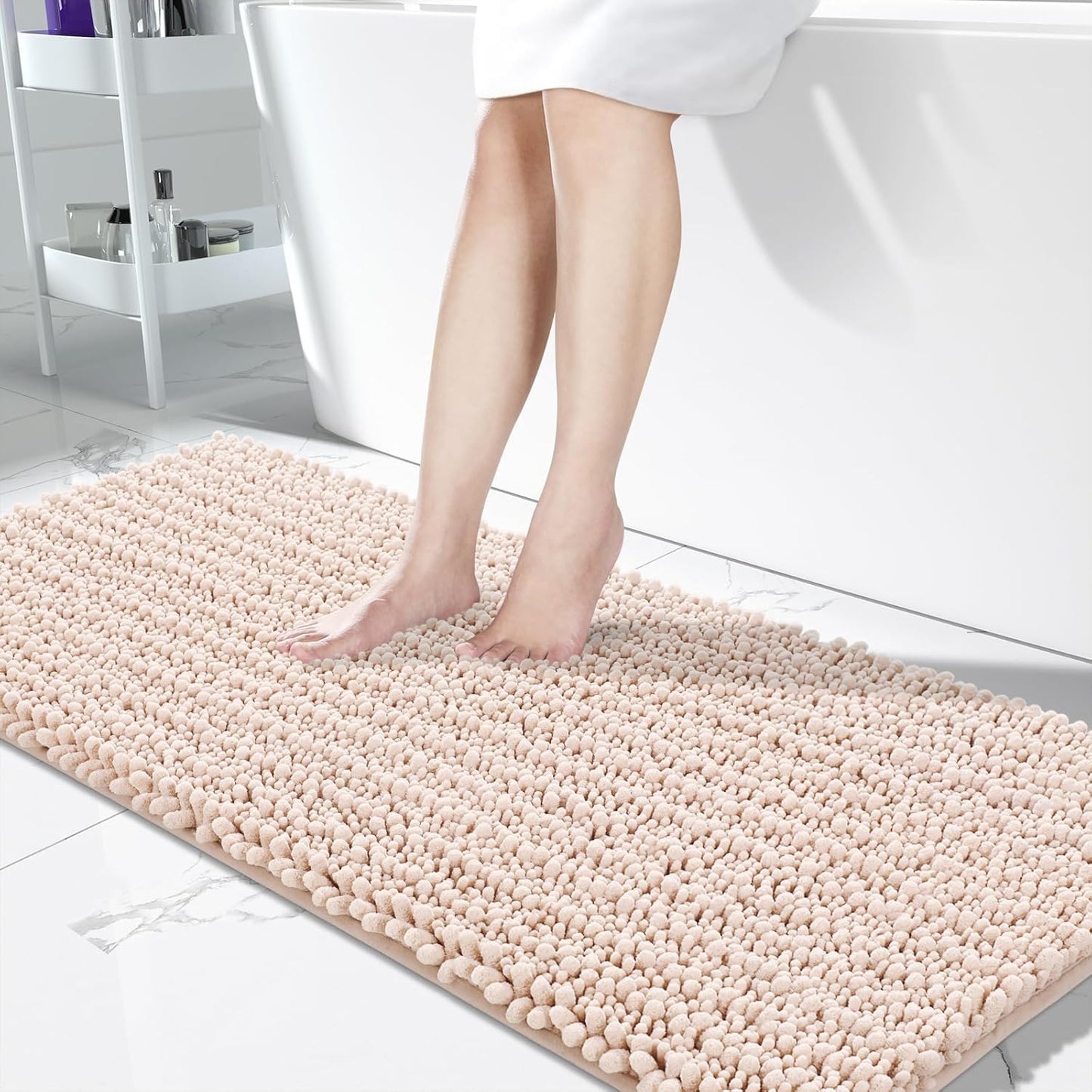 Yimobra Bathroom Runner Rug 60x24 Inch - Extra Long Non Slip Chenille Bath Mat, Soft & Absorbent, Machine Washable Shaggy Hallway Carpet for Vanity Tub Shower, Pinkish Beige Home Decor Accessories