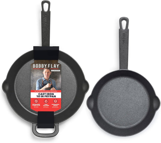 GreenPan x Bobby Flay 2 Piece Set (Includes 8”, 10”) Cast Iron Skillet, Pre-Seasoned PFAS-Free Frying Pan, Pour Spouts, Induction Compatible, Oven, Grill, Indoor/Outdoor, Durable, Black