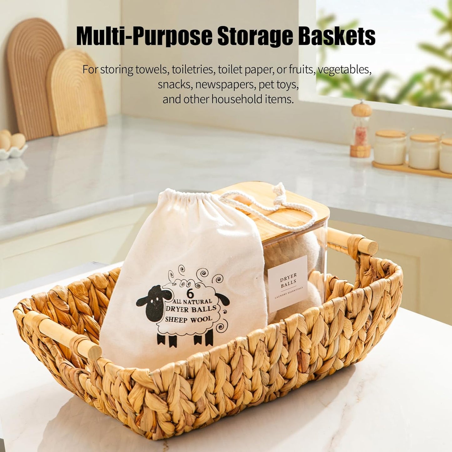 Woven Storage Baskets – Set of 2 Handwoven Water Hyacinth Wicker Baskets with Wooden Handles for Organizing, Decorative Baskets for Laundry Room, Home Decor - Large & Medium