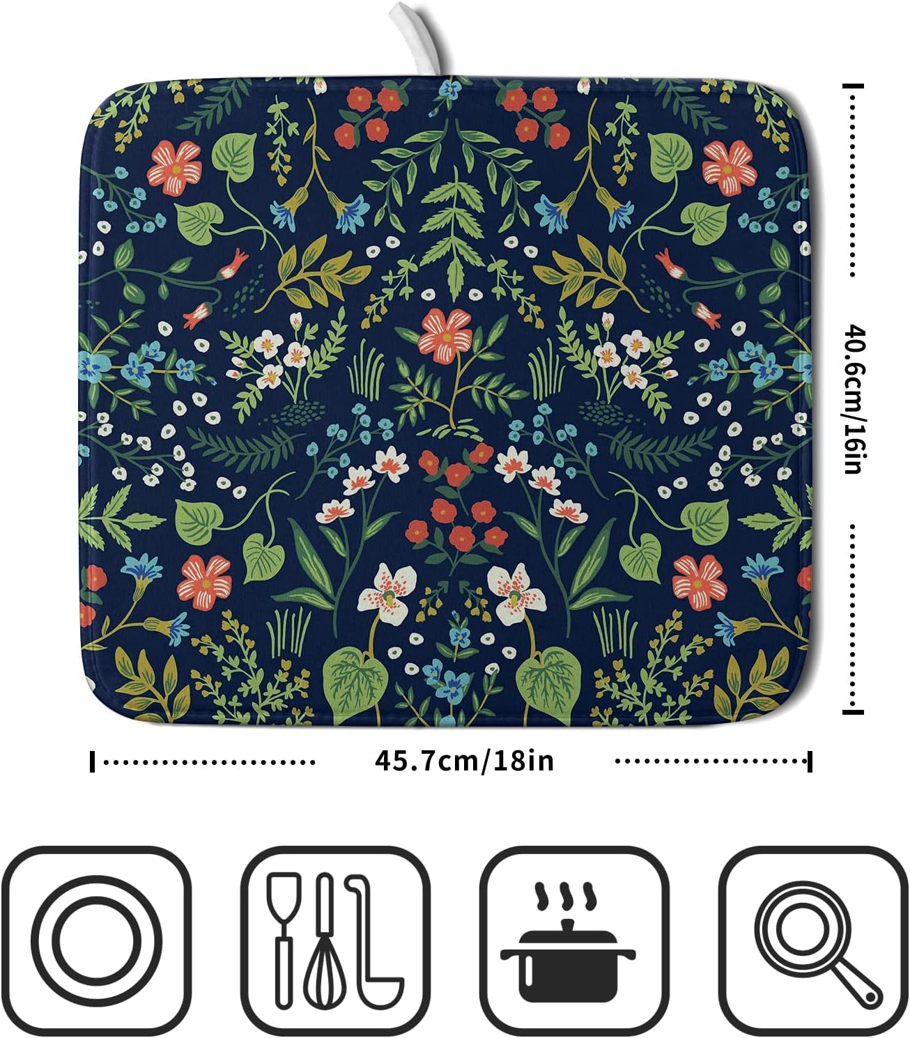 Flower Floral Dish Drying Mat 18x24 inch Microfiber Navy Blue Drying Mats with Hanging Loop Absorbent Green Leaves Dish Drainer Mat Reversible Flowers Drying Pad for Kitchen Counter Sink