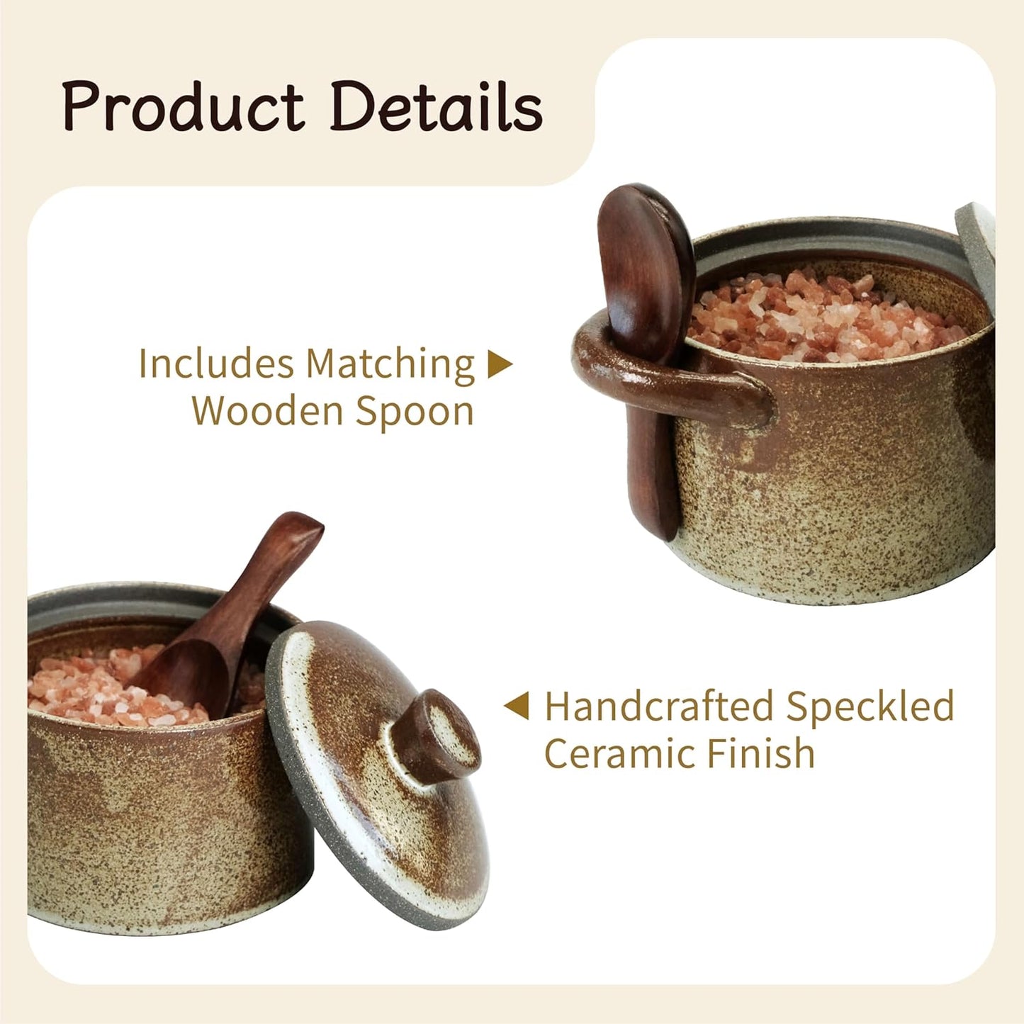 Handcrafted Speckled Ceramic Salt Cellar with Wooden Spoon, Rustic Vintage Spice Jar, Dishwasher Safe, 8.45 fl oz (Peckled Ceramic set of 2)