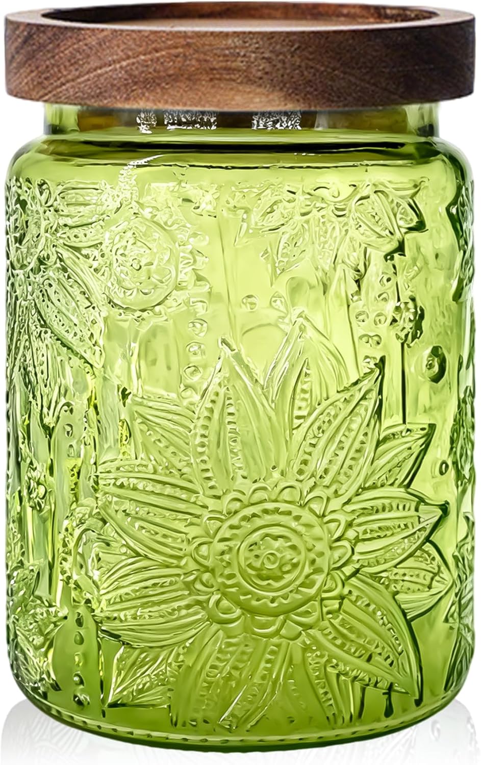 Glass Jar with Airtight Wood Lid – 24 OZ Kitchen and Pantry Canister, Decorative Vintage Storage Container for Candy, Coffee, Cookie, Cereal, Flour, Sugar, Tea, Green Sunflower
