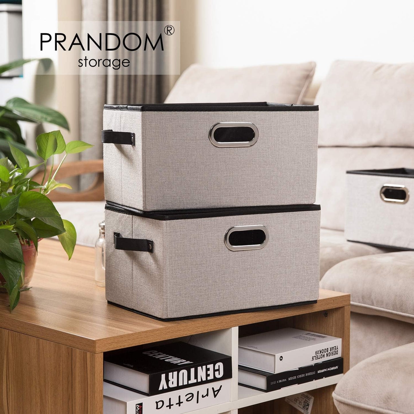 PRANDOM Large Fodable Storage Bins for Closet [5-Pack] Decorative Linen Fabric Storage Bins Cubes with Leather/Metal Handles for Shelves Bedroom Living Room Light Grey (14.9x9.8x8.3 Inch)