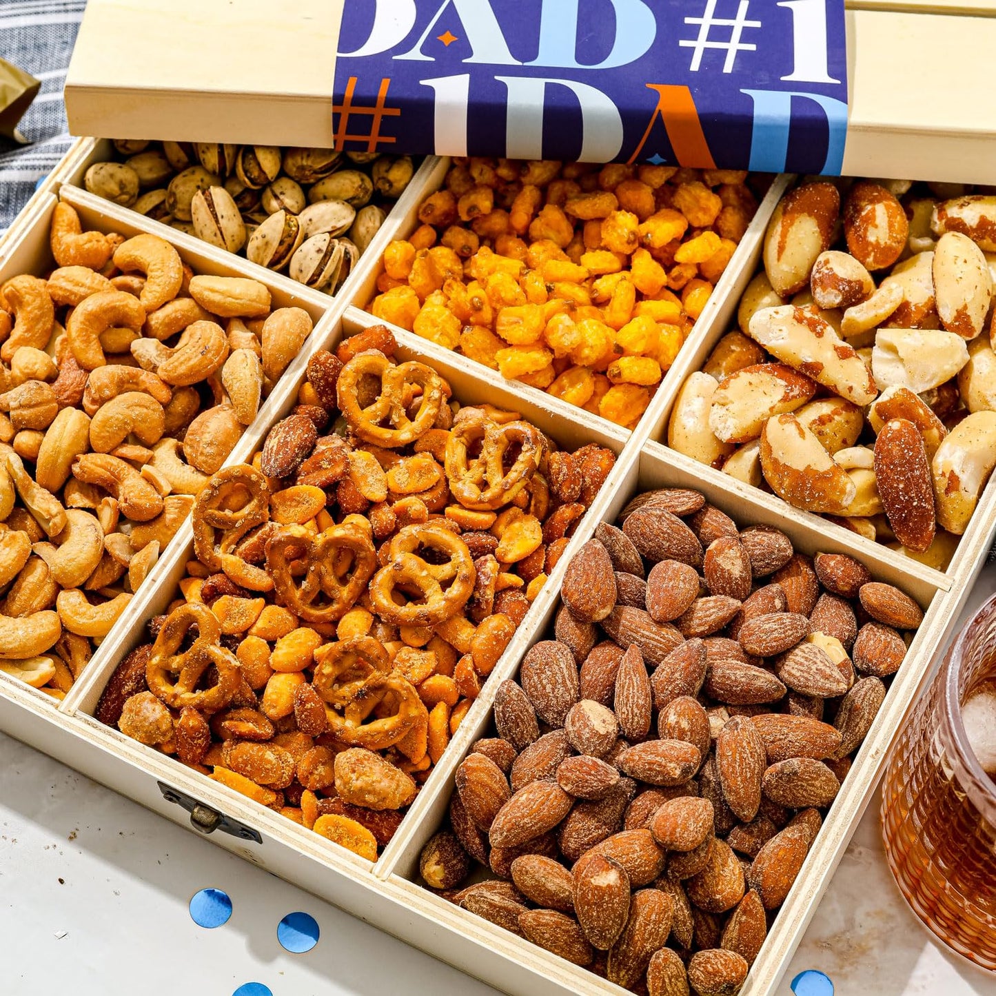 Fathers Day Gift Basket, Nut Gift Basket in Reusable Wooden Crate, Healthy Gift Option, Gourmet Snack Food Box, with Unique Flavors, Great for Dad, Father, Grandfather, Bonnie & Pop