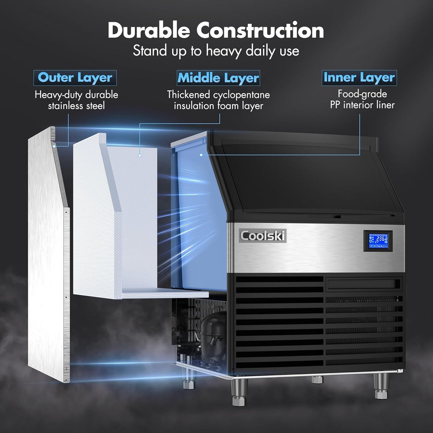 Commercial Ice Maker Machine 200LBS/24H, 26’’ Under Counter Ice Machine with 80LBS Storage Capacity, Stainless Steel Ice Maker for Restaurant/Bar/Home, Air Cooled/Clear Ice Cubes/ETL Approved