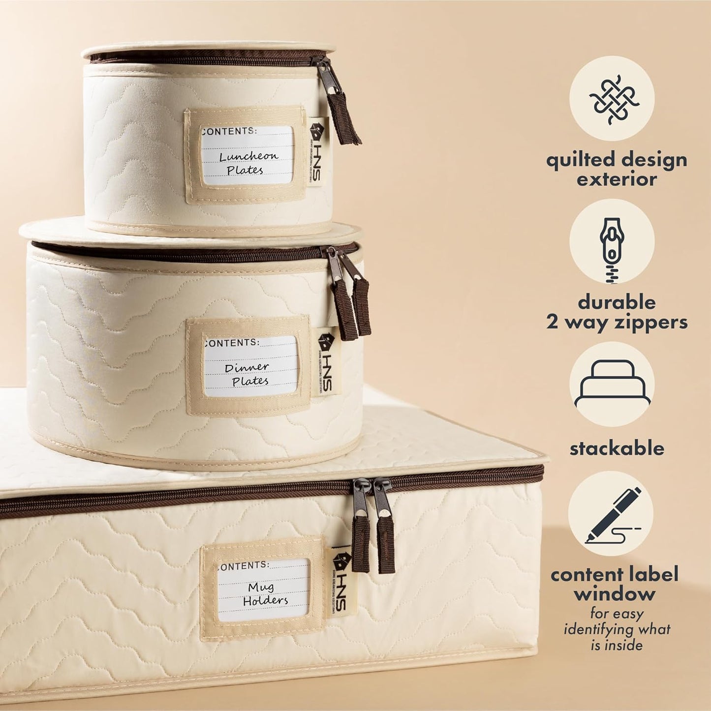 Hard Shell China Storage Containers 5-Piece Set Moving Boxes for Dinnerware, Glasses, Plates, Mugs and Saucers Sturdy Dish Organizer with Dividers for Seasonal Storage - Service for 12 - Beige Quilted