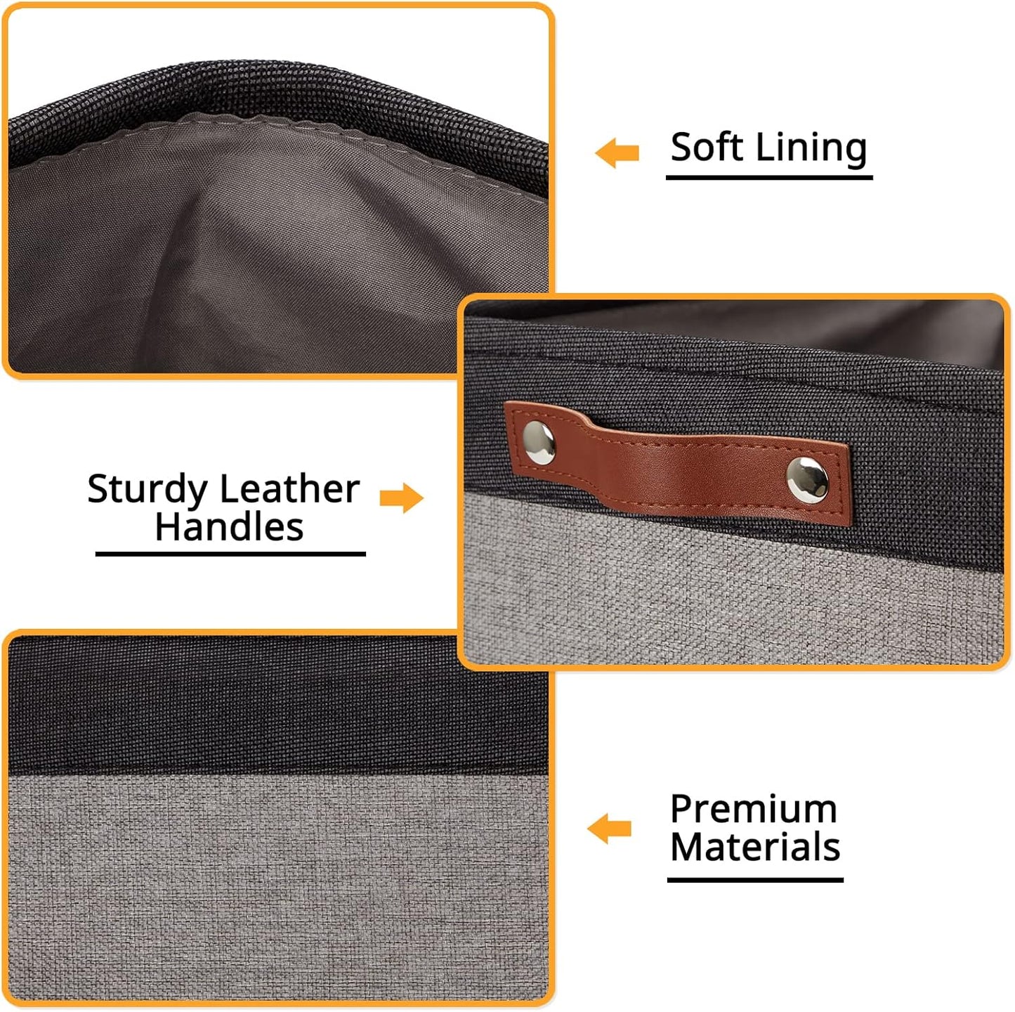 DULLEMELO Storage Bins 16"x12"x12" With Leather Handles for Organizing,Decorative Collapsible Storage Baskets for Shelves Closet Home Office (Black&Grey)