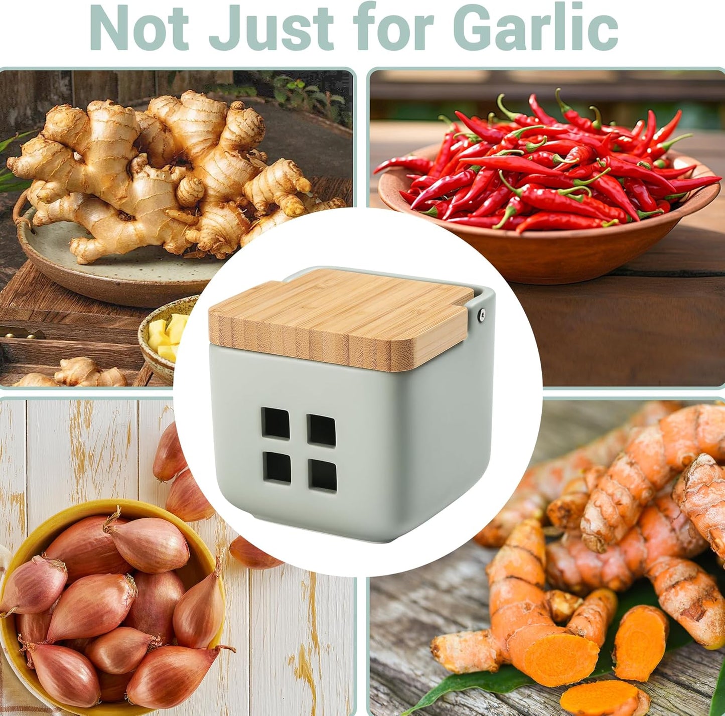Garlic Container for Counter Ceramic Garlic Keeper Storage Garlic Holder with Lid to Keep Your Garlic Cloves Fresh Longer(Green)