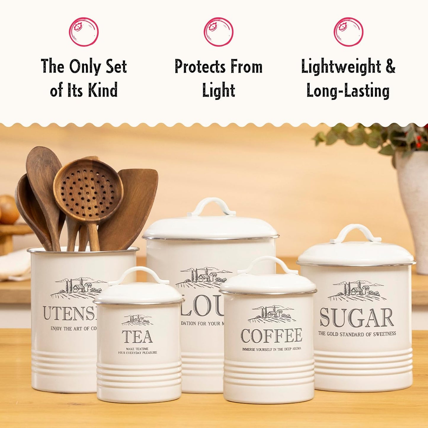 Kitchen Canisters for Countertop – Set of 5 White Canister Sets for the Kitchen Counter - Sugar and Flour Airtight Containers - Rustic Farmhouse Storage