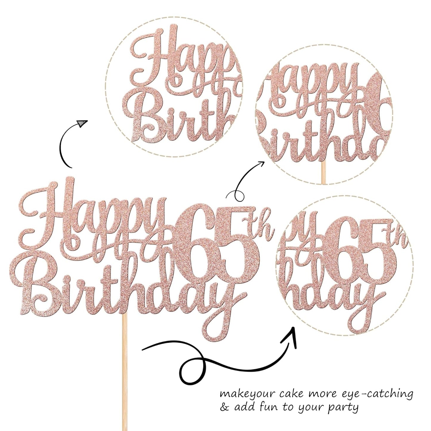 1 PCS Happy 65th Birthday Cake Topper Glitter Cheers to 65 Years Birthday Cake Pick 65 Fabulous Cake Decoration for Happy 65th Birthday Theme Party Decorations Supplies Rose Gold
