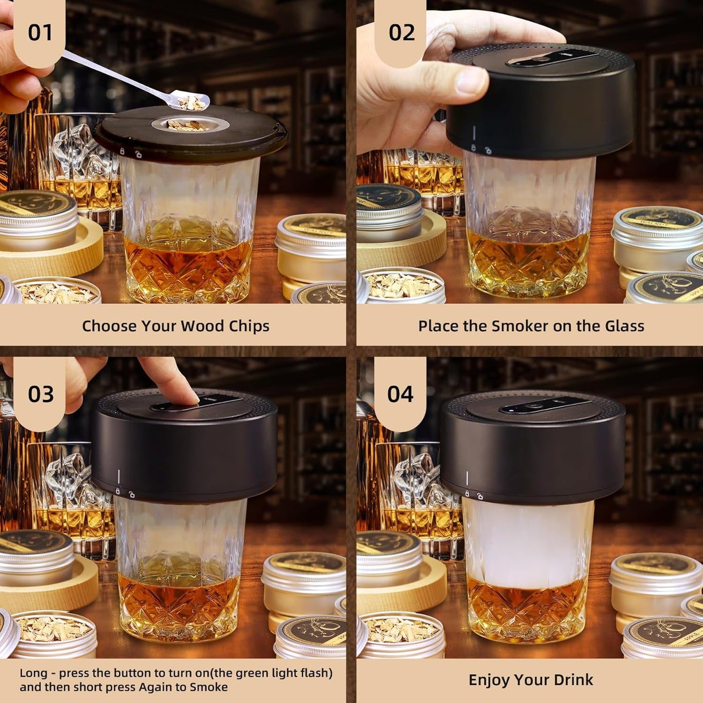 Electric Whiskey Smoker Kit with 6 Wood Chips, Rechargeable Cocktail Smoker Kit Built in Lighter, Old Fashioned Drink Smoker Kit, Bourbon Whiskey Gifts for Men,Dad,Husband.(NO Butane Needed)