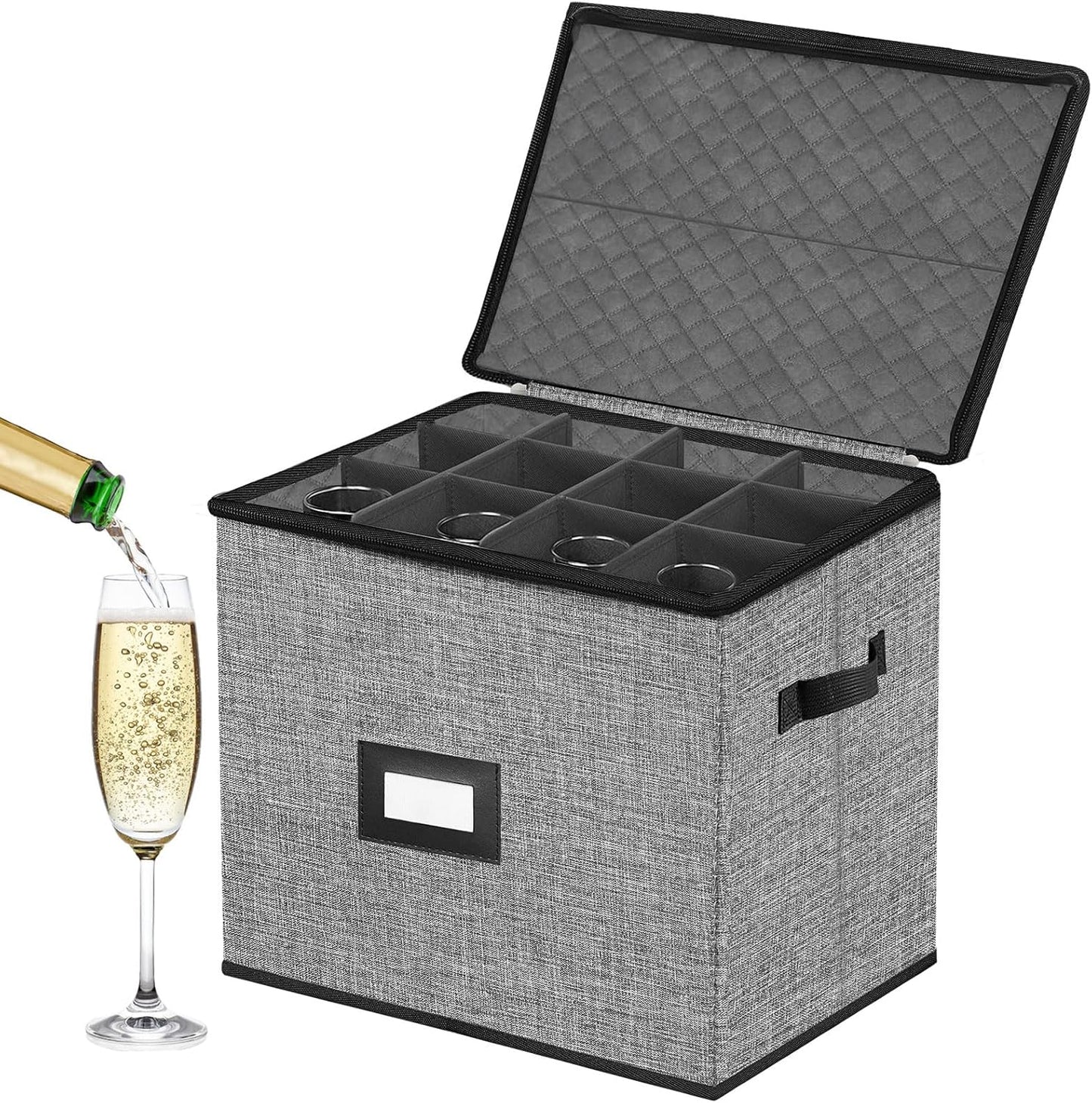 Champagne Flute Storage Box,Quilted Stemware Storage Box Hard Shell,Stackable Champagne Glass Container,Wine Glass, Crystal Glassware, Drinkware Case for Moving Transport(Grey)