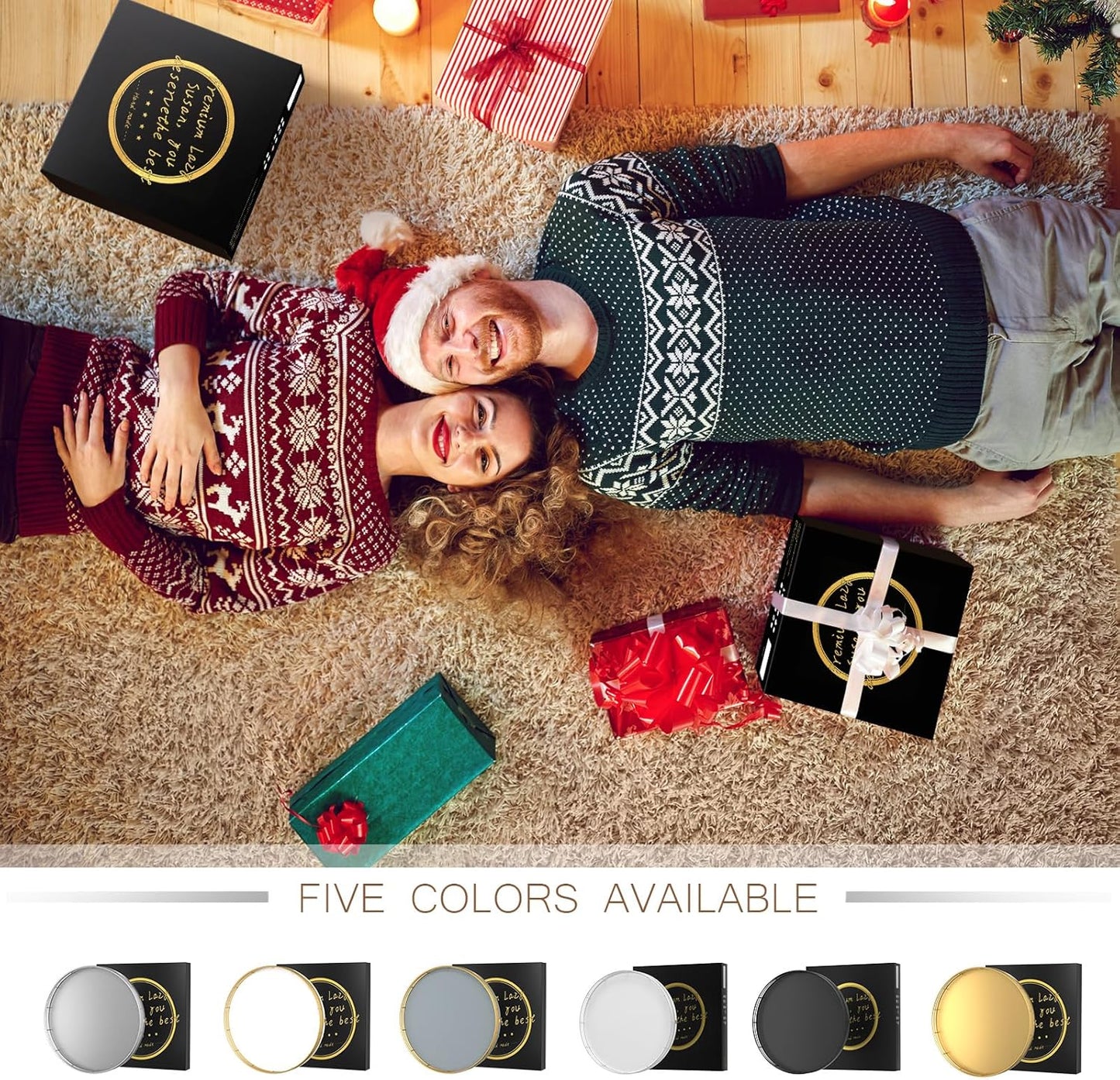 10" Wooden Lazy Susan Turntable for Cabinet – Rotating Spice Rack Organizer, Small Kitchen Countertop Tray for Dining Table & Pantry Storage (White & Gold)