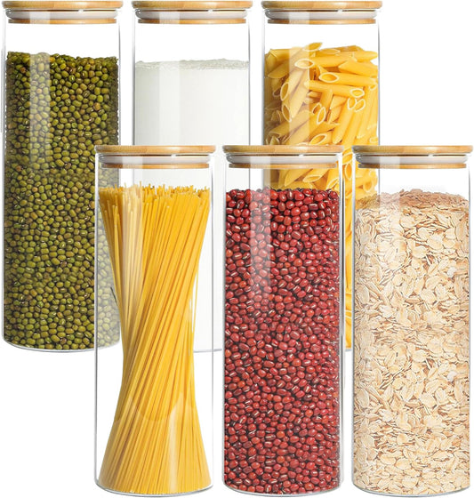 Glass Storage Containers with Airtight Bamboo Lids,Round Glass Jars Pantry Organizers,Perfect for Kitchen Organization - Flour, Rice, Pasta, Sugar, Coffee Beans, Accessories Included (43oz*6)