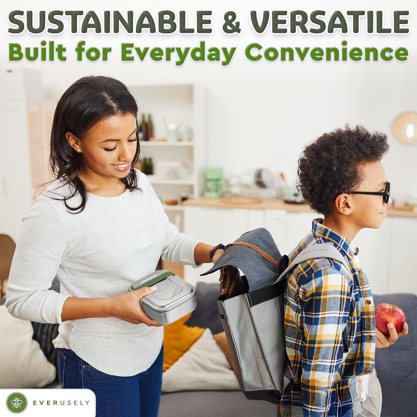 Everusely - Bento Box - Sage, 37oz / 1.1 L - Stainless Steel Lunch Box with Leakproof Condiment Container - 3 Compartment Snack Organizer for On the Go Meals - Freezer & Dishwasher Safe