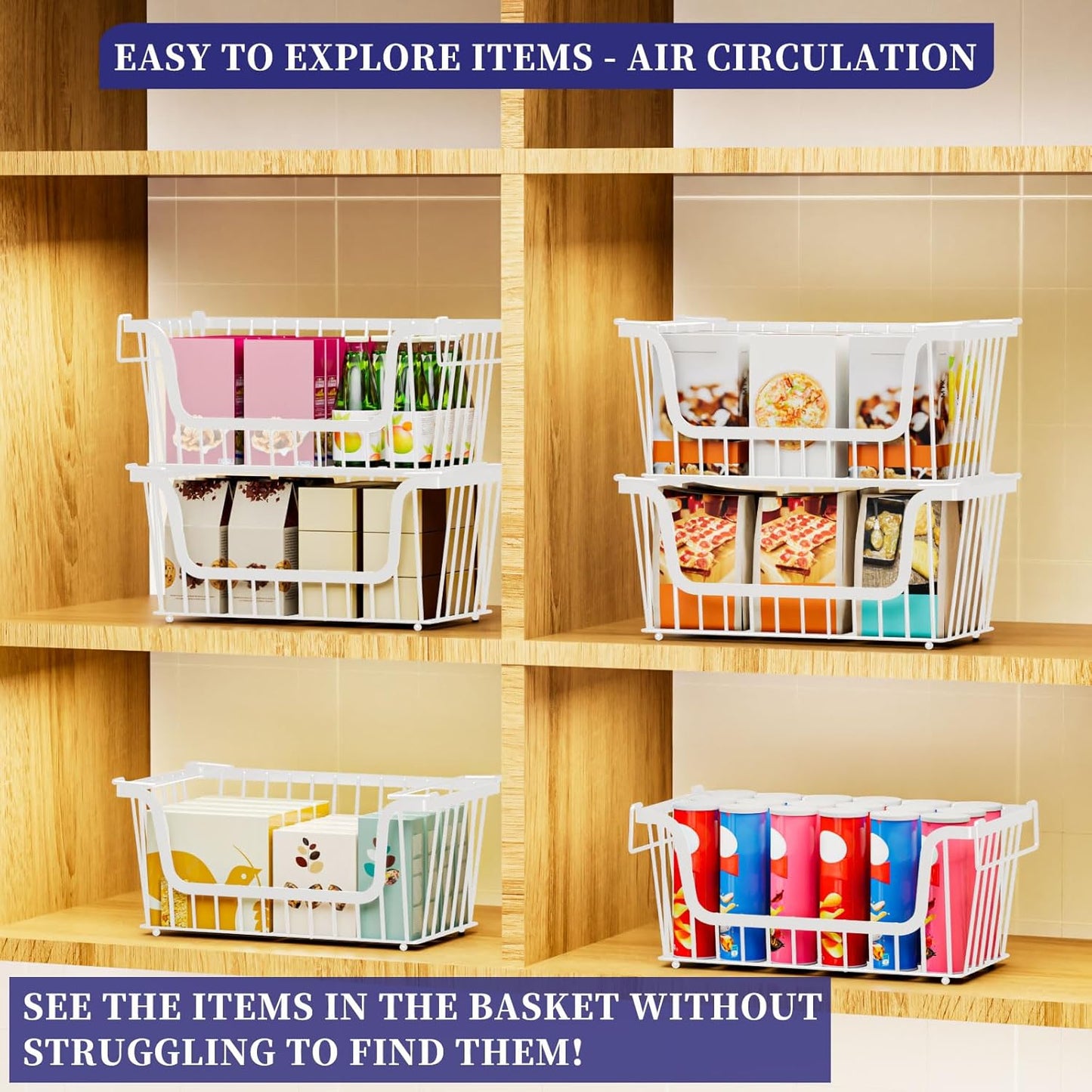 Enhanced Leak-Proof Bottom Stackable Wire Baskets, 5 Pack Pantry Organizers and Storage, pantry storage，Shelf Baskets, Fruit Basket, Potato and Onion Storage Bins，(White)