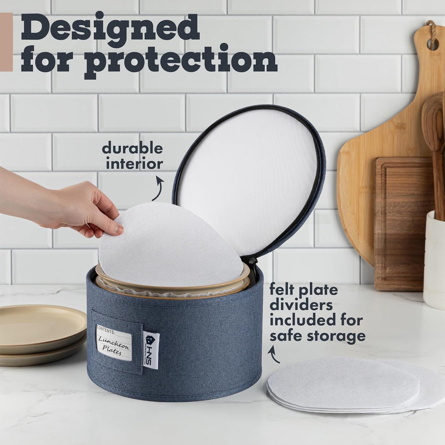 Hard Shell China Storage Containers 5-Piece Set Moving Boxes for Dinnerware, Glasses, Plates, Mugs and Saucers Sturdy Dish Organizer with Dividers for Seasonal Storage - Service for 12 - Denim Blue