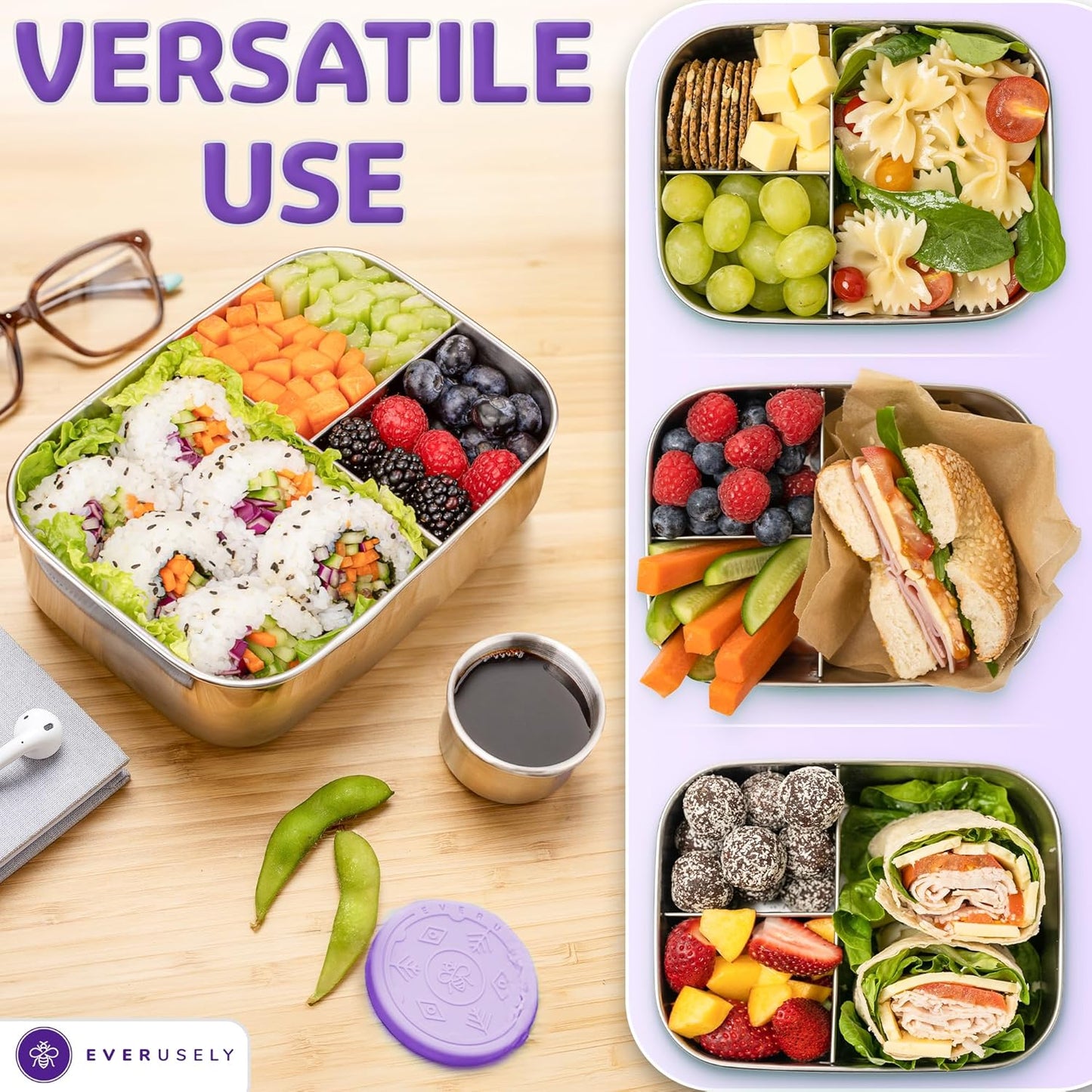 Everusely - Bento Box - Lavender, 37oz / 1.1 L - Stainless Steel Lunch Box with Leakproof Condiment Container - 3 Compartment Snack Organizer for On the Go Meals - Freezer & Dishwasher Safe