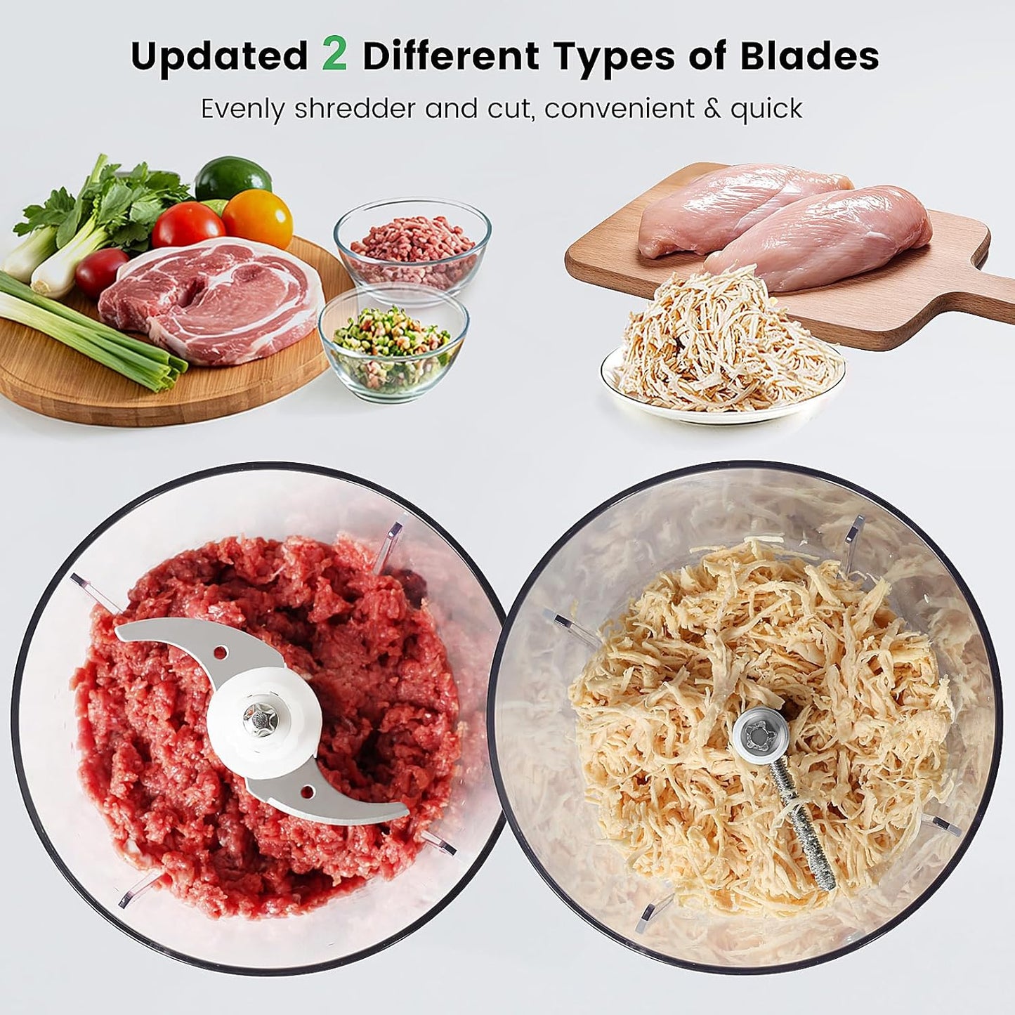 Electric Chicken Shredder, Automatic Food Chopper with Chicken Breast Shredder & Meat Grinder, 2 Sets of Blades for Chicken/Pork/fish/Vegetable/Baby Food (Black)