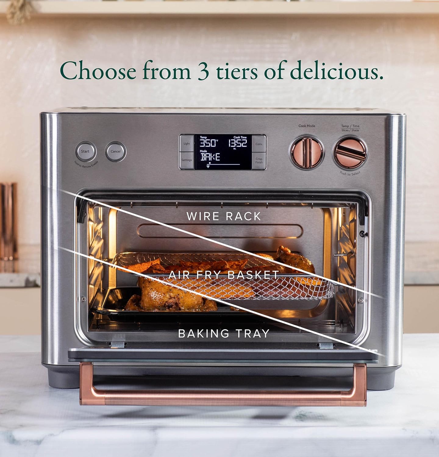 Café Couture Oven with 14 essential cooking modes, including Air Fry, CrispFinish, Bake, Broil, Roast, Toast, Pizza, WiFi & Smart Connected, Voice Control, Countertop Small Appliances, Steel Silver