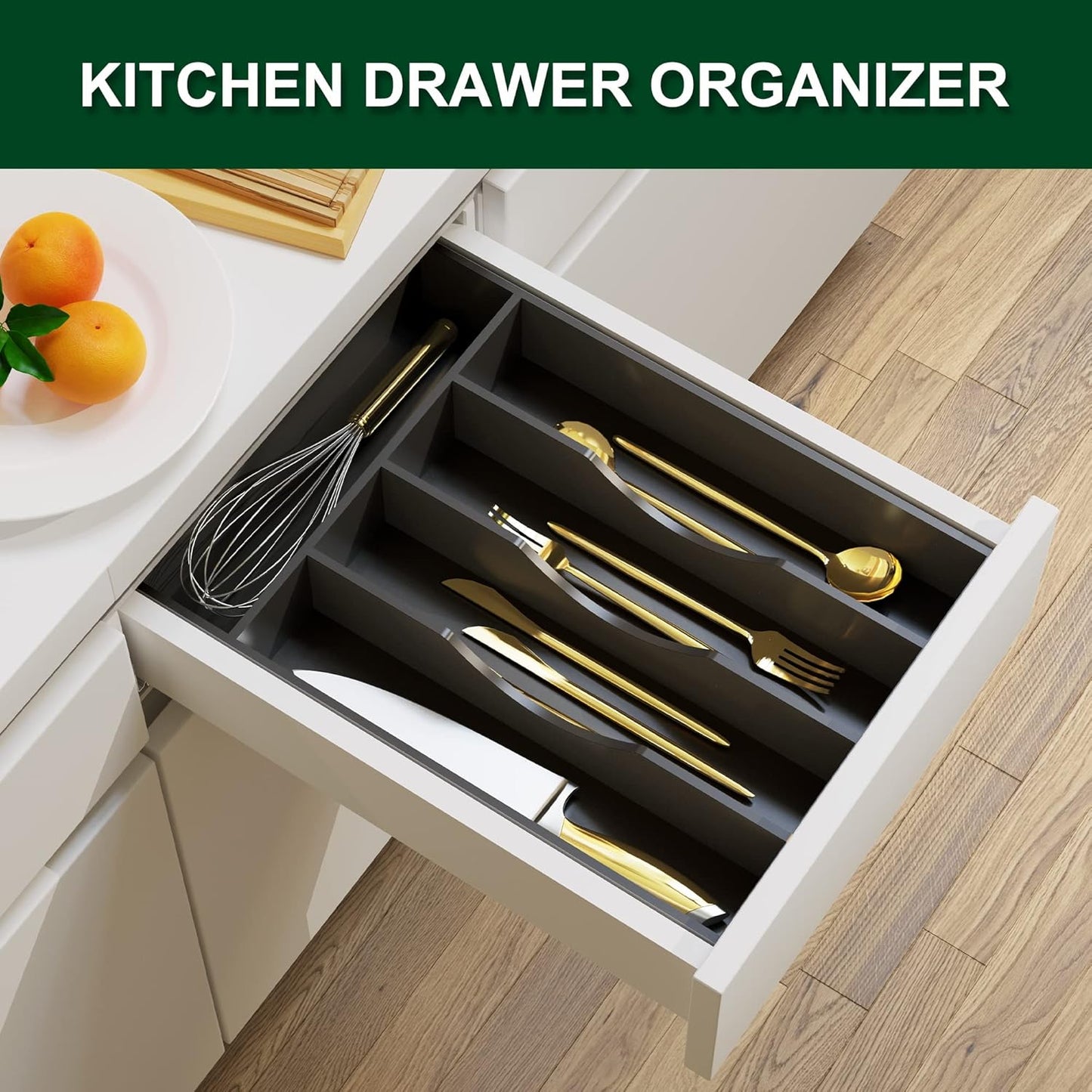 Bellsal Black Utensil Organizer 10 Inch Silverware Tray for Utensil Holder Cutlery Organizer Kitchen Drawer Organizer 5 Compartment Small Narrow Bamboo