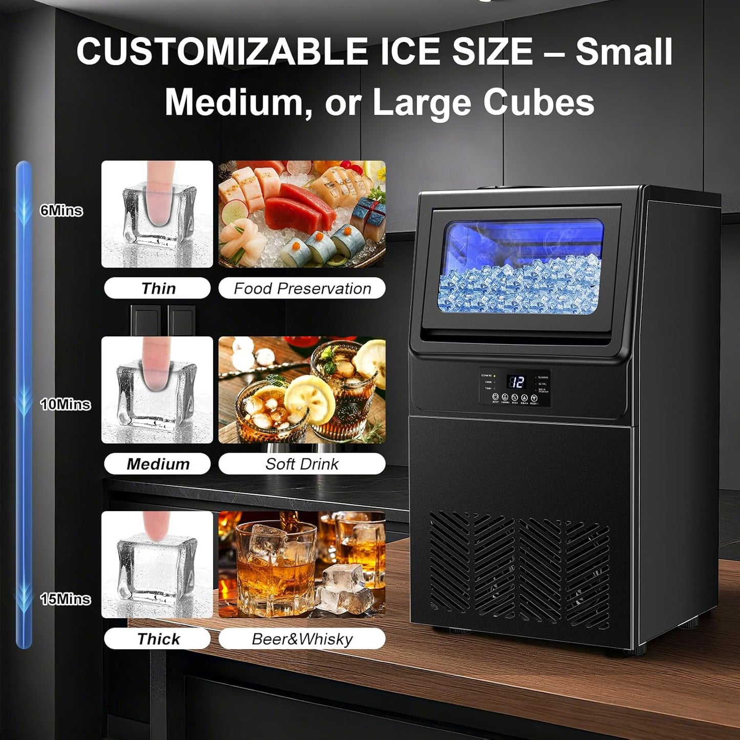 High-Efficiency Commercial Ice Maker: 100 lbs Daily Production, Stainless Steel Under Counter Ice Machine, 25 lbs Ice Storage Capacity, Dual Water Inlet, for Home Commercial Use