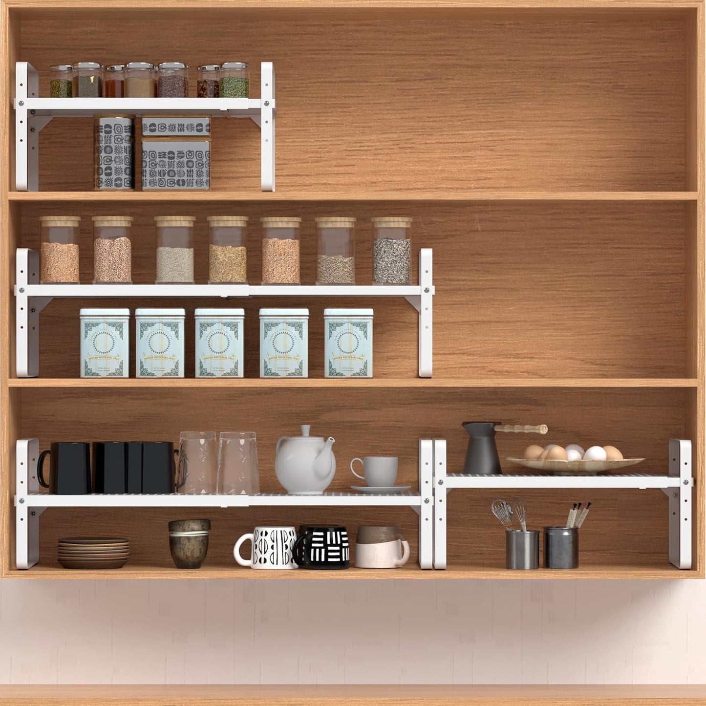 Expandable Cabinet Shelf Organizer Adjustable Metal Spice Rack Stackable Freestanding Counter Storage Shelves for Kitchen Cabinet Under Sink Office Desk (White - 1Pack - L16.5-27'' * W10.2'' * H9.6'')