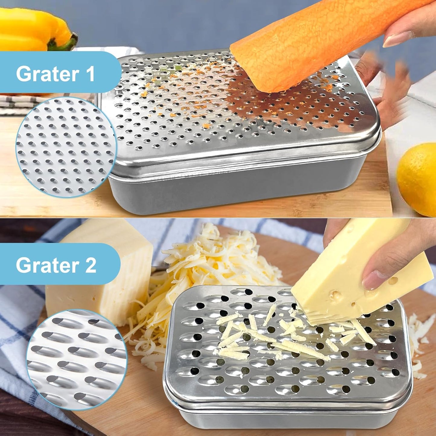 Cheese Grater with Container - Box Grater Cheese Shredder Lemon Zester - Graters for Kitchen Stainless Steel Food Grater